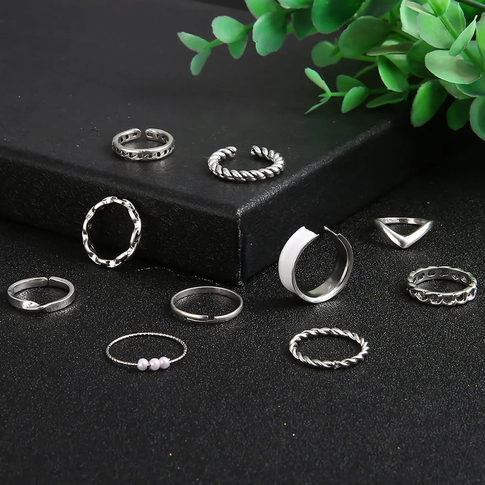10 Pieces Hollow Oil Drop Rings Set, European and American Style, Mixed Metal and Half-Pearl Jewelry for Gift and Holiday