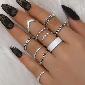 10 Pieces Hollow Oil Drop Rings Set, European and American Style, Mixed Metal and Half-Pearl Jewelry for Gift and Holiday