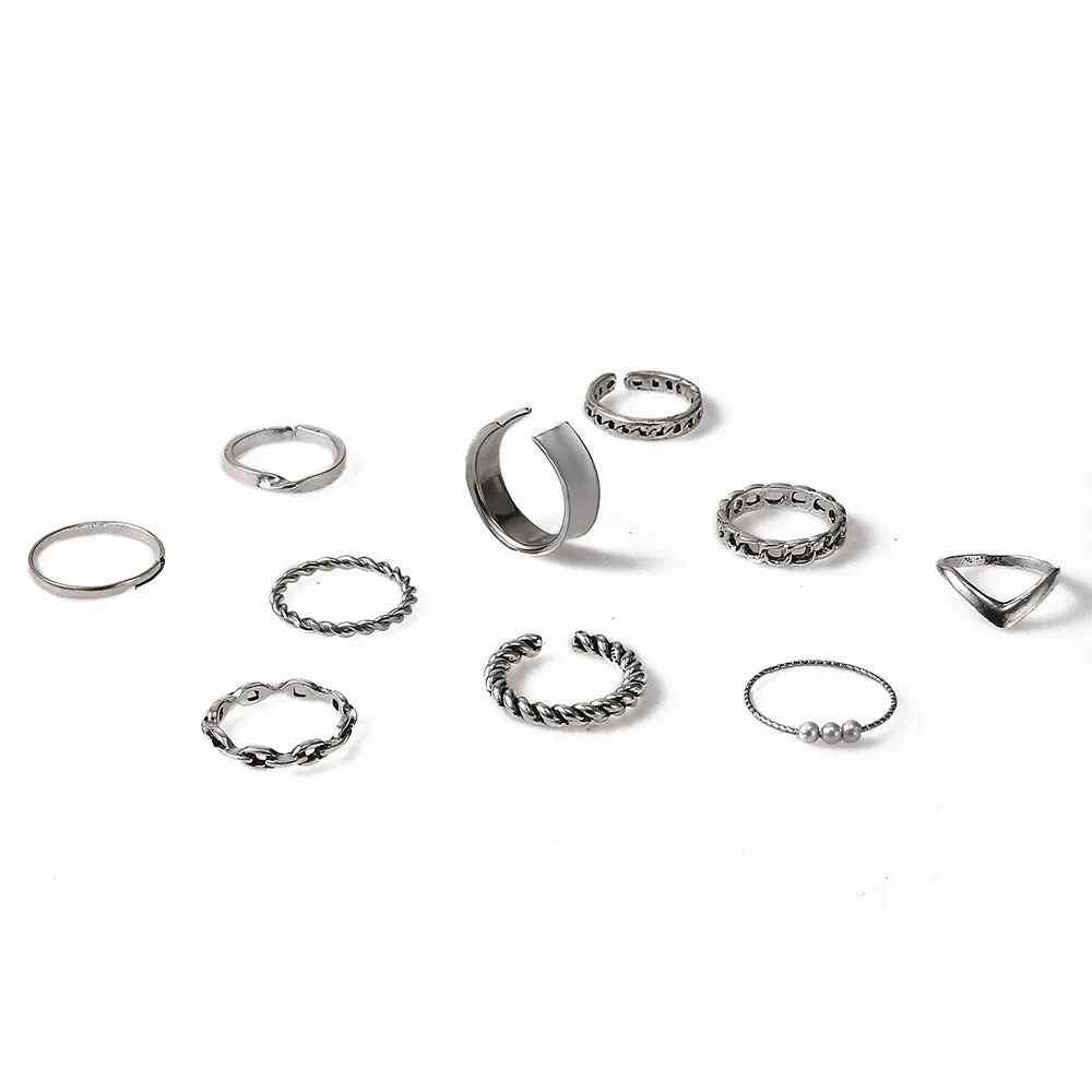 10 Pieces Hollow Oil Drop Rings Set, European and American Style, Mixed Metal and Half-Pearl Jewelry for Gift and Holiday