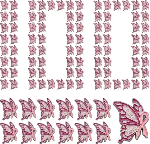 10/50/100 Pack Breast Cancer Butterfly Pins, Enamel Pink Ribbon Awareness Brooches and Lapel Pins for Survivor Support