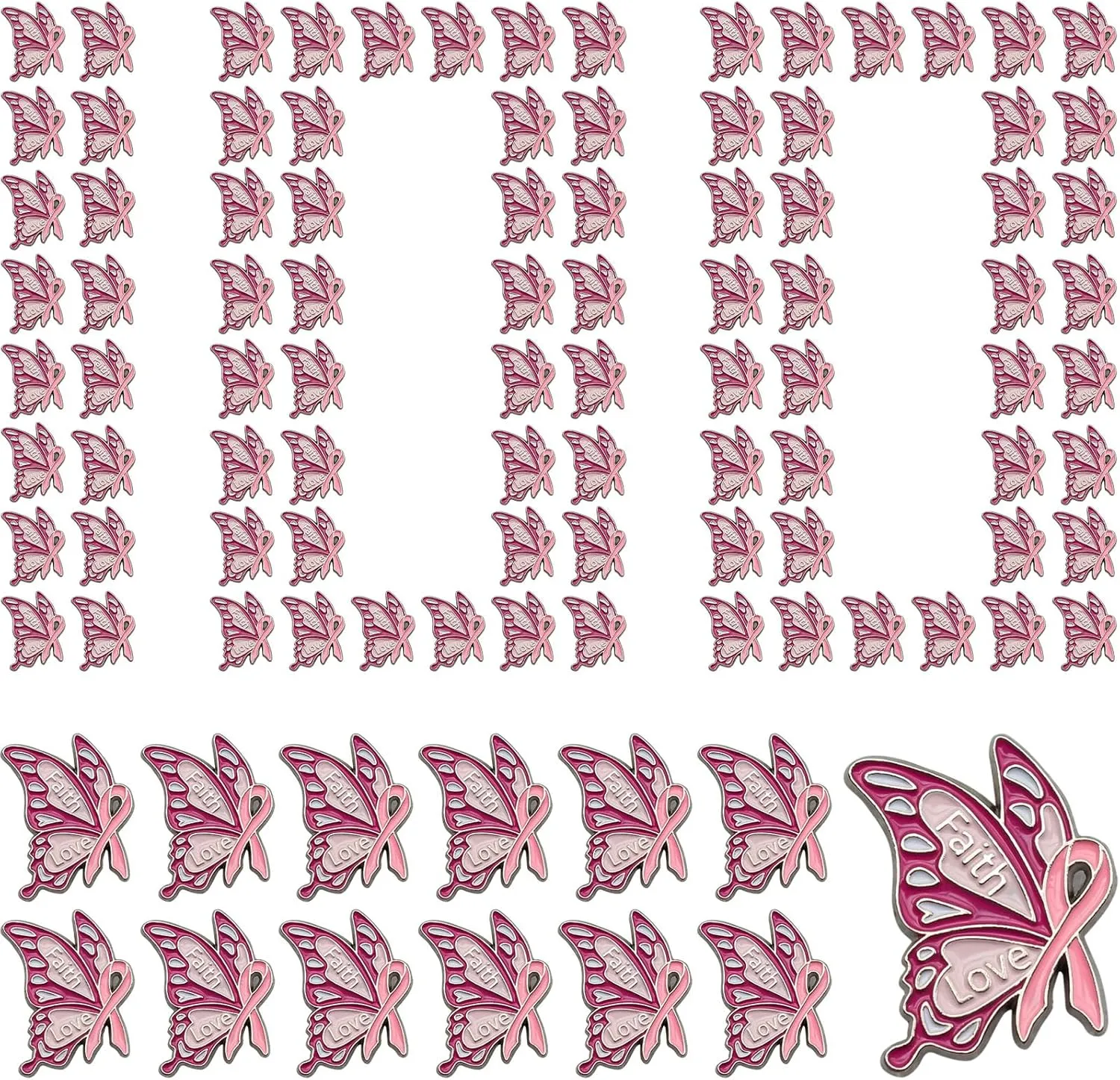 10/50/100 Pack Breast Cancer Butterfly Pins, Enamel Pink Ribbon Awareness Brooches and Lapel Pins for Survivor Support