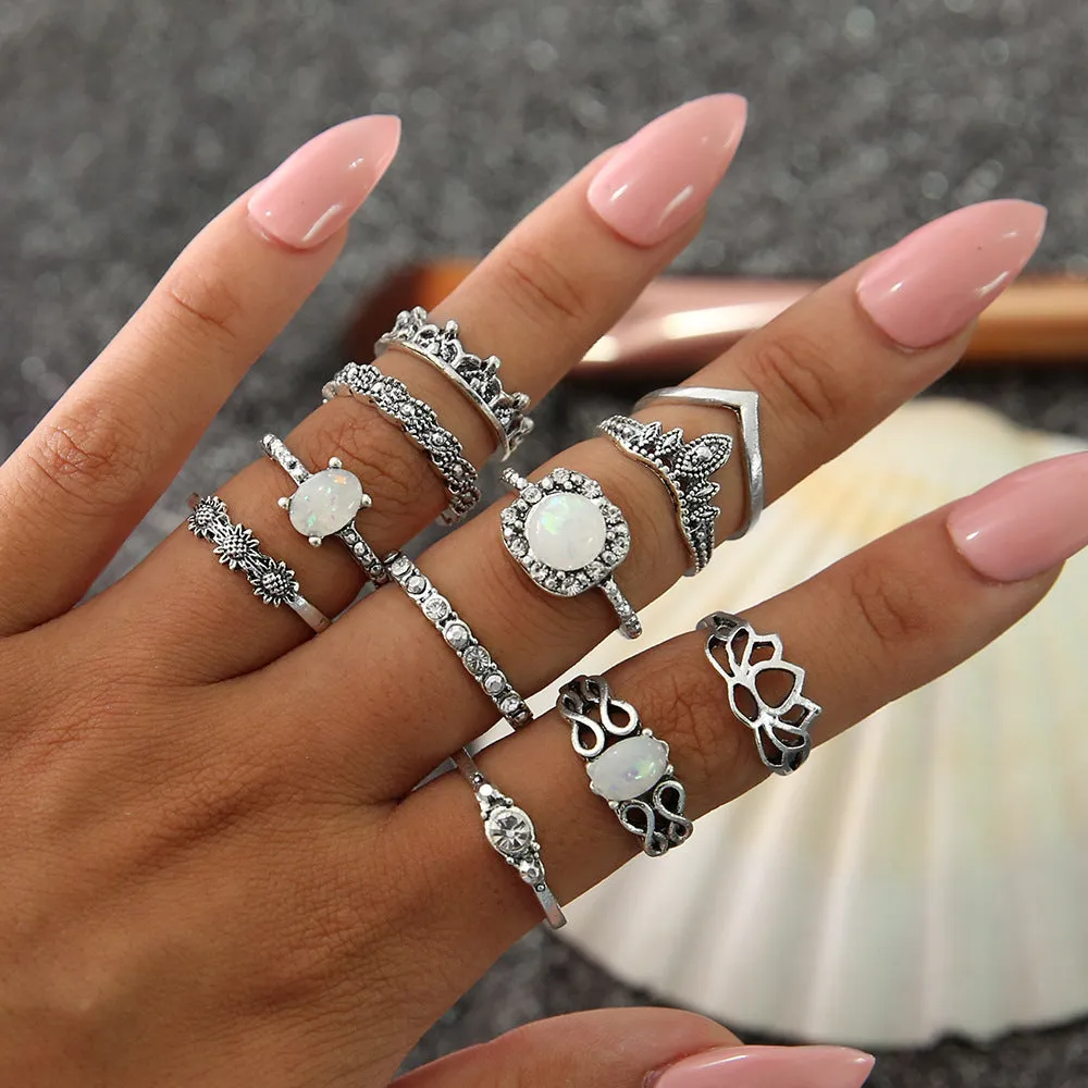 11 Pieces Bohemian Gem Totem Rings Set for Women's Wedding Gift