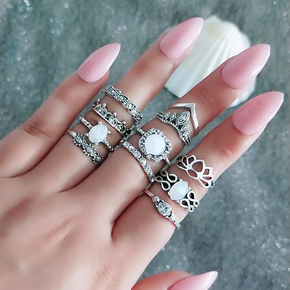 11 Pieces Bohemian Gem Totem Rings Set for Women's Wedding Gift