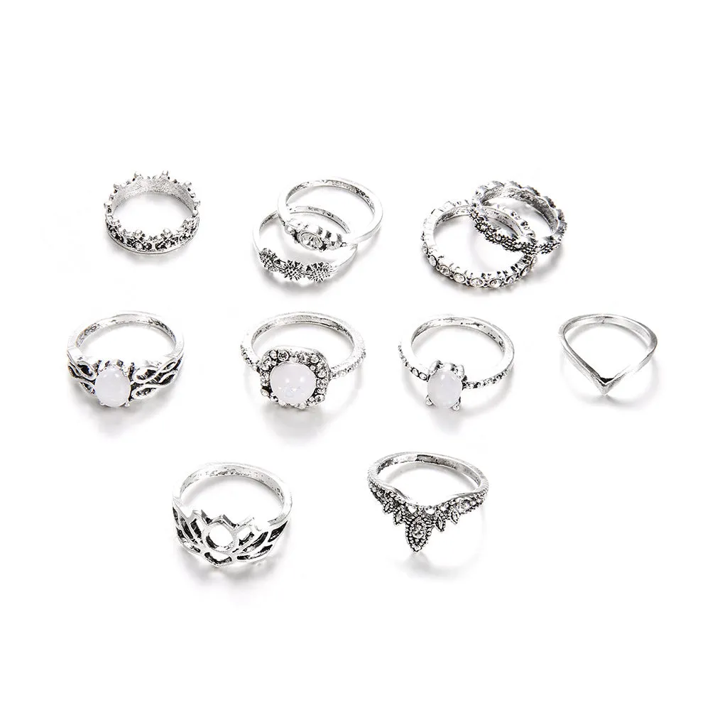 11 Pieces Bohemian Gem Totem Rings Set for Women's Wedding Gift