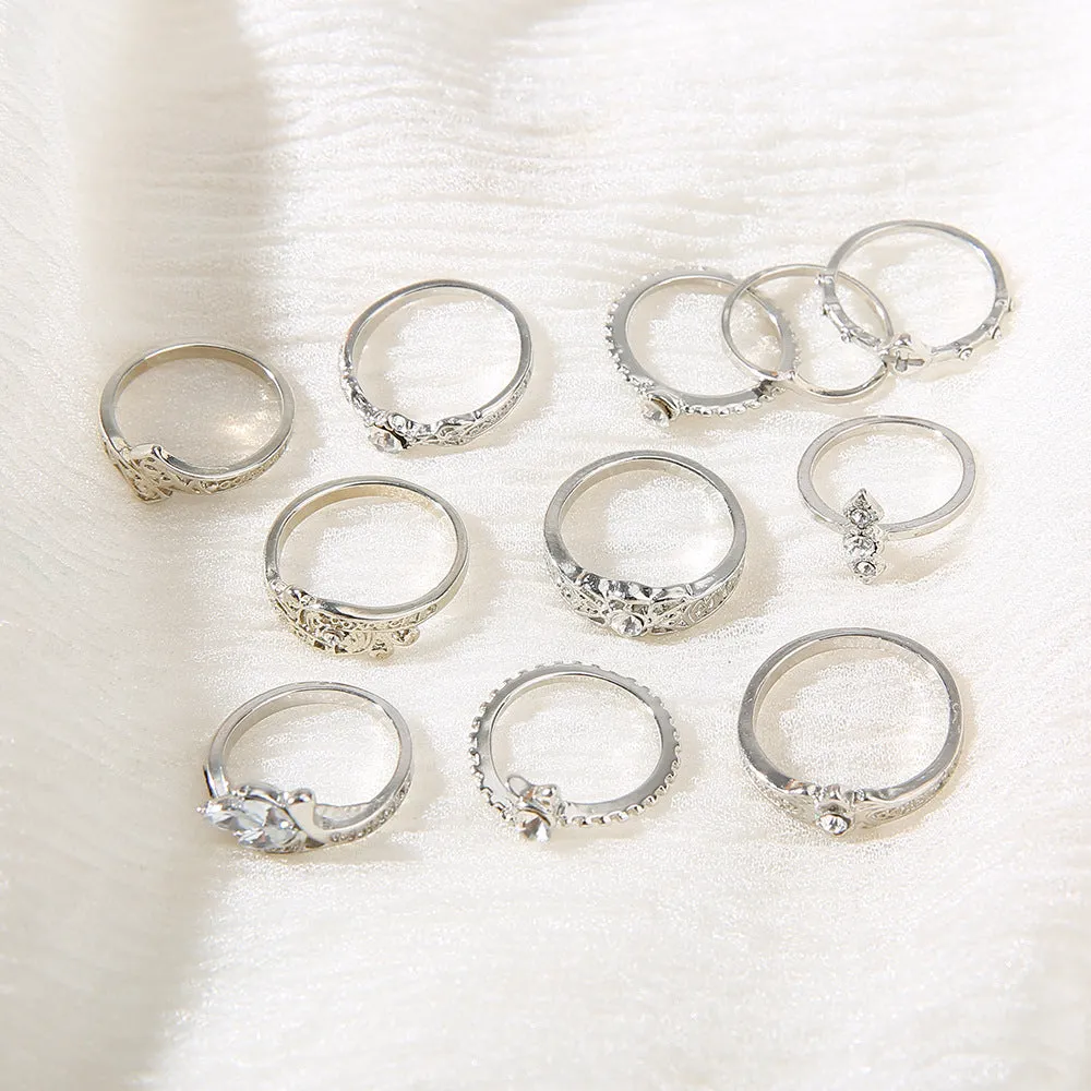 11 Pieces European Style Rhinestone Rose Rings Set for Gift Occasions