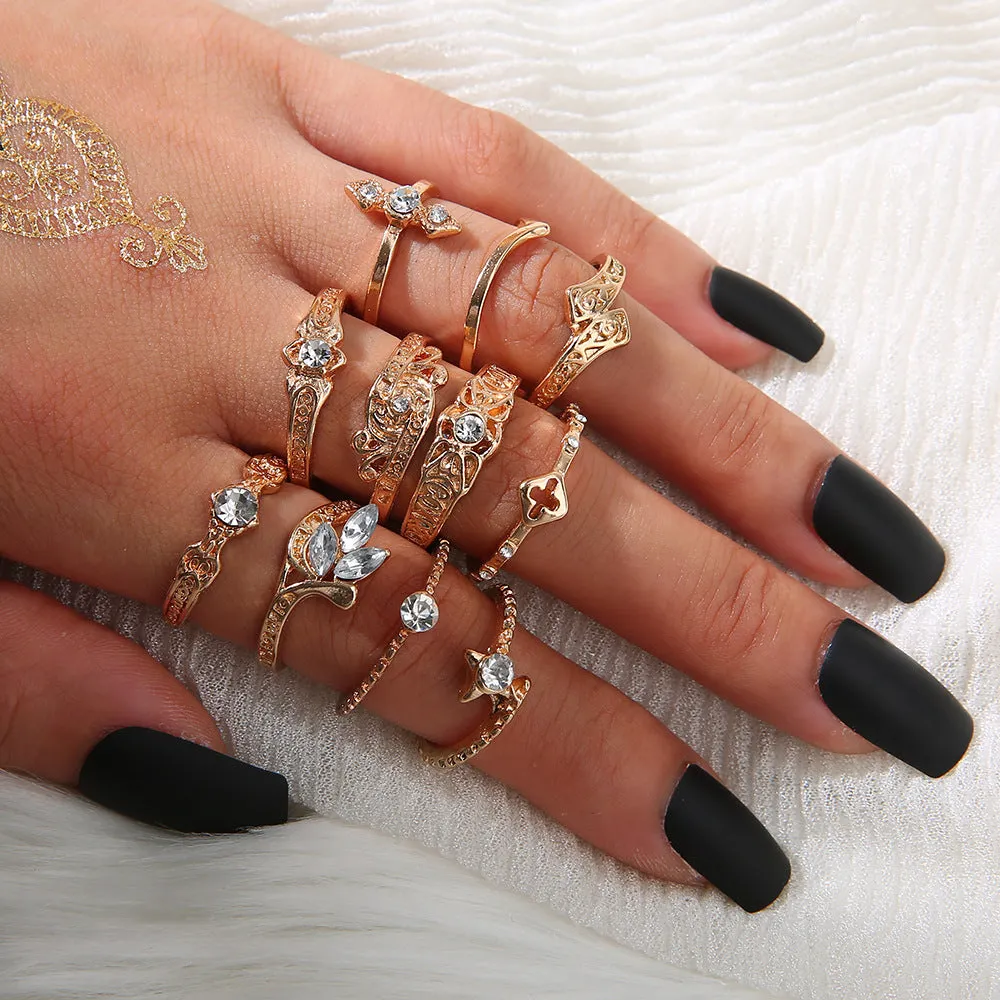 11 Pieces European Style Rhinestone Rose Rings Set for Gift Occasions