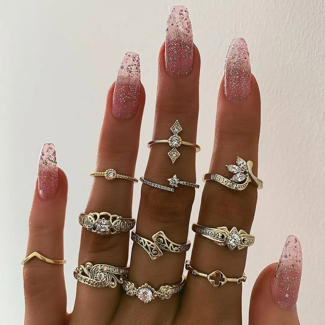 11 Pieces European Style Rhinestone Rose Rings Set for Gift Occasions