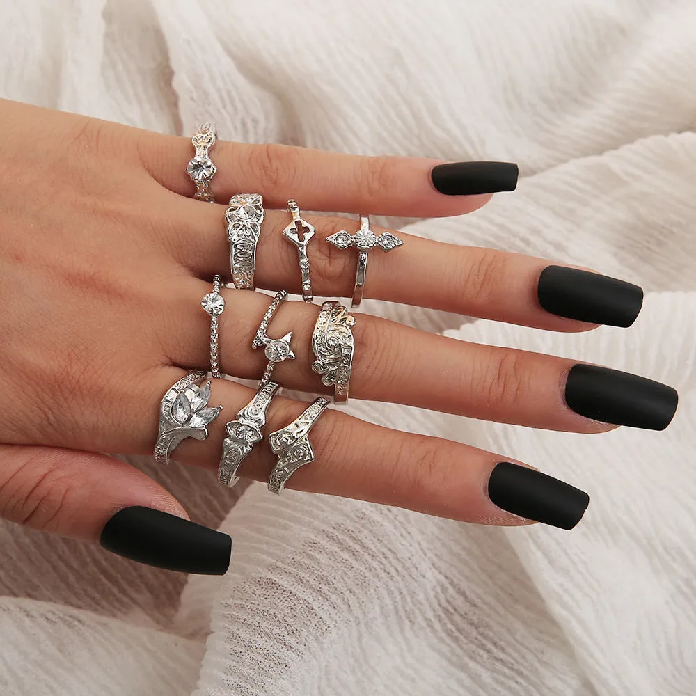 11 Pieces European Style Rhinestone Rose Rings Set for Gift Occasions