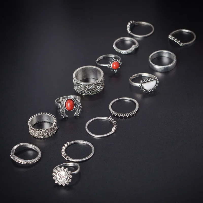 14-Piece Natural Sandstone Rings, Bohemian Style Joint Rings, Male and Female Universal