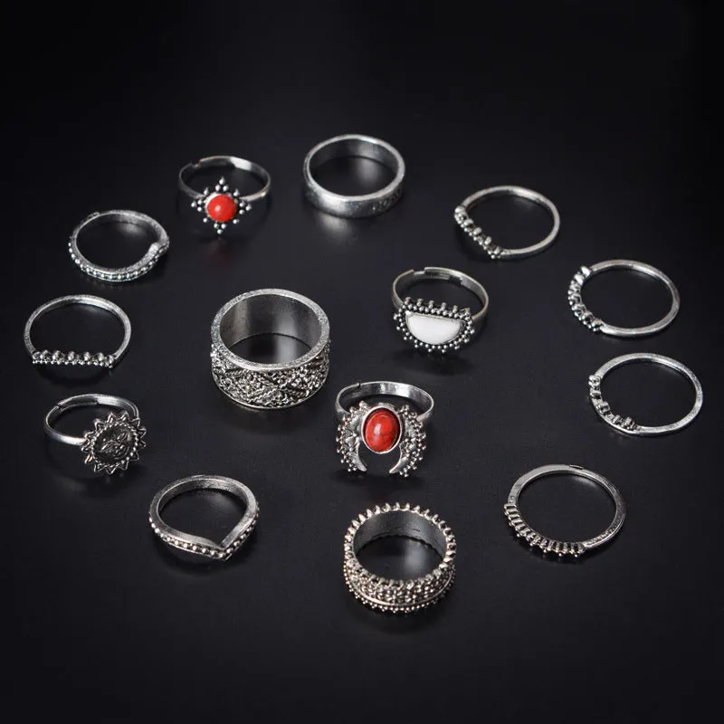14-Piece Natural Sandstone Rings, Bohemian Style Joint Rings, Male and Female Universal