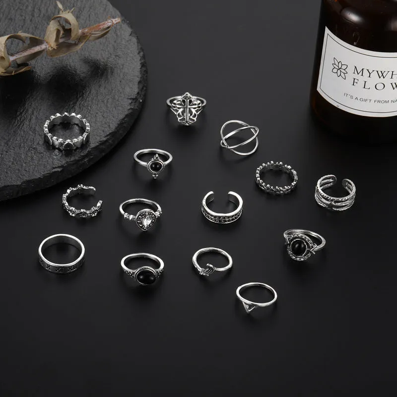 14 Pieces Oil-Drop Black Gem Rings Set with Vintage Floral Cross Rings for Women