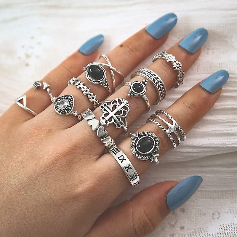 14 Pieces Oil-Drop Black Gem Rings Set with Vintage Floral Cross Rings for Women