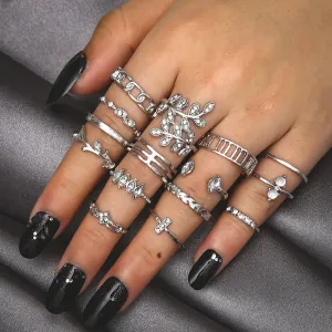 15 Pieces Waterdrop Joint Rings Set with Stylish Floral Leaves Combination for Men and Women