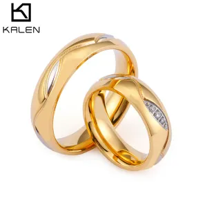 18K Gold Inlaid Diamond Couple Rings, Korean Style Titanium Steel Rings for Men and Women