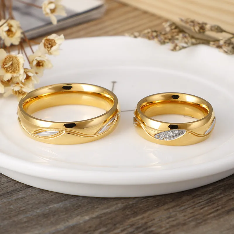 18K Gold Inlaid Diamond Couple Rings, Korean Style Titanium Steel Rings for Men and Women