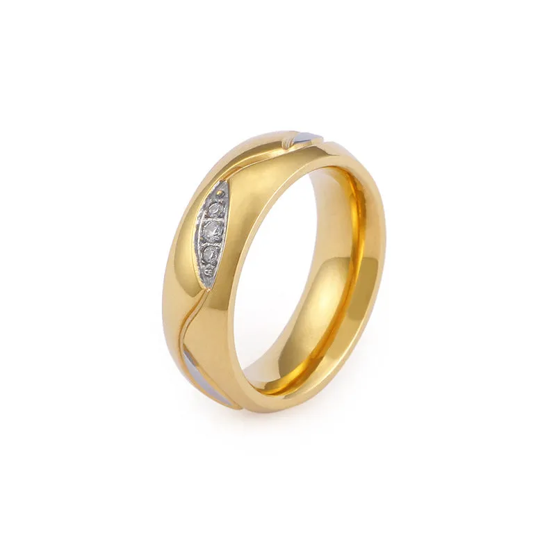 18K Gold Inlaid Diamond Couple Rings, Korean Style Titanium Steel Rings for Men and Women