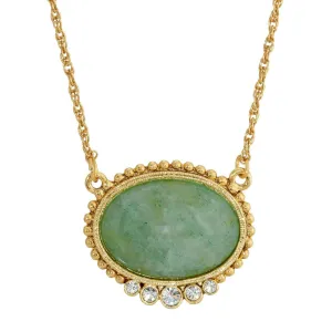 1928 Jewelry Oval Gemstone With Crystals Pendant Necklace 16"