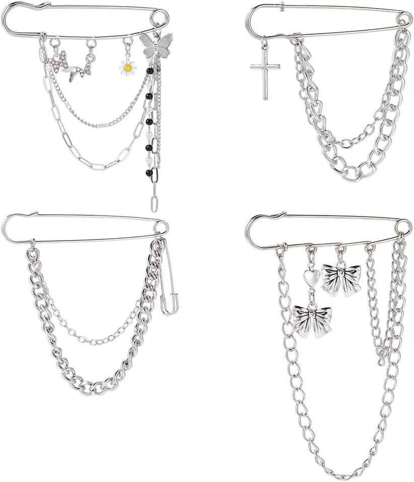 4pcs Butterfly Hanging Long Chain Brooch Pin Silver Bow Tie Cross Bar Pins Safety Pin Punk Cool Chains Sweater Shawl Collar Coat Brooches Pin for Suit Lapel Tuxedo Shirts Tie Hat Scarf