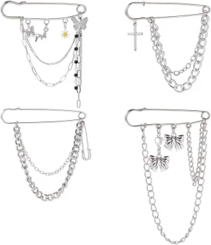 4pcs Butterfly Hanging Long Chain Brooch Pin Silver Bow Tie Cross Bar Pins Safety Pin Punk Cool Chains Sweater Shawl Collar Coat Brooches Pin for Suit Lapel Tuxedo Shirts Tie Hat Scarf