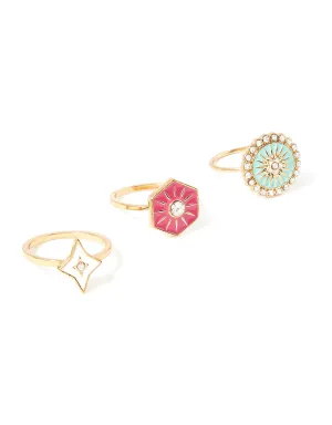 Accessorize London Women'S Gold Romantic Ramble Set Of 3 Enamel Ring Pack- Large