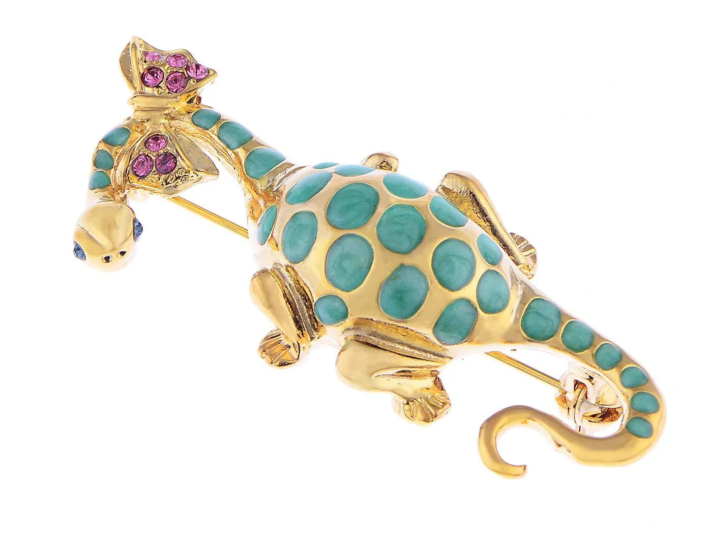 Alilang Swarovski Crystal Elements Spotted Green Dinosaur w Bow Tie Fashion Pin Brooch