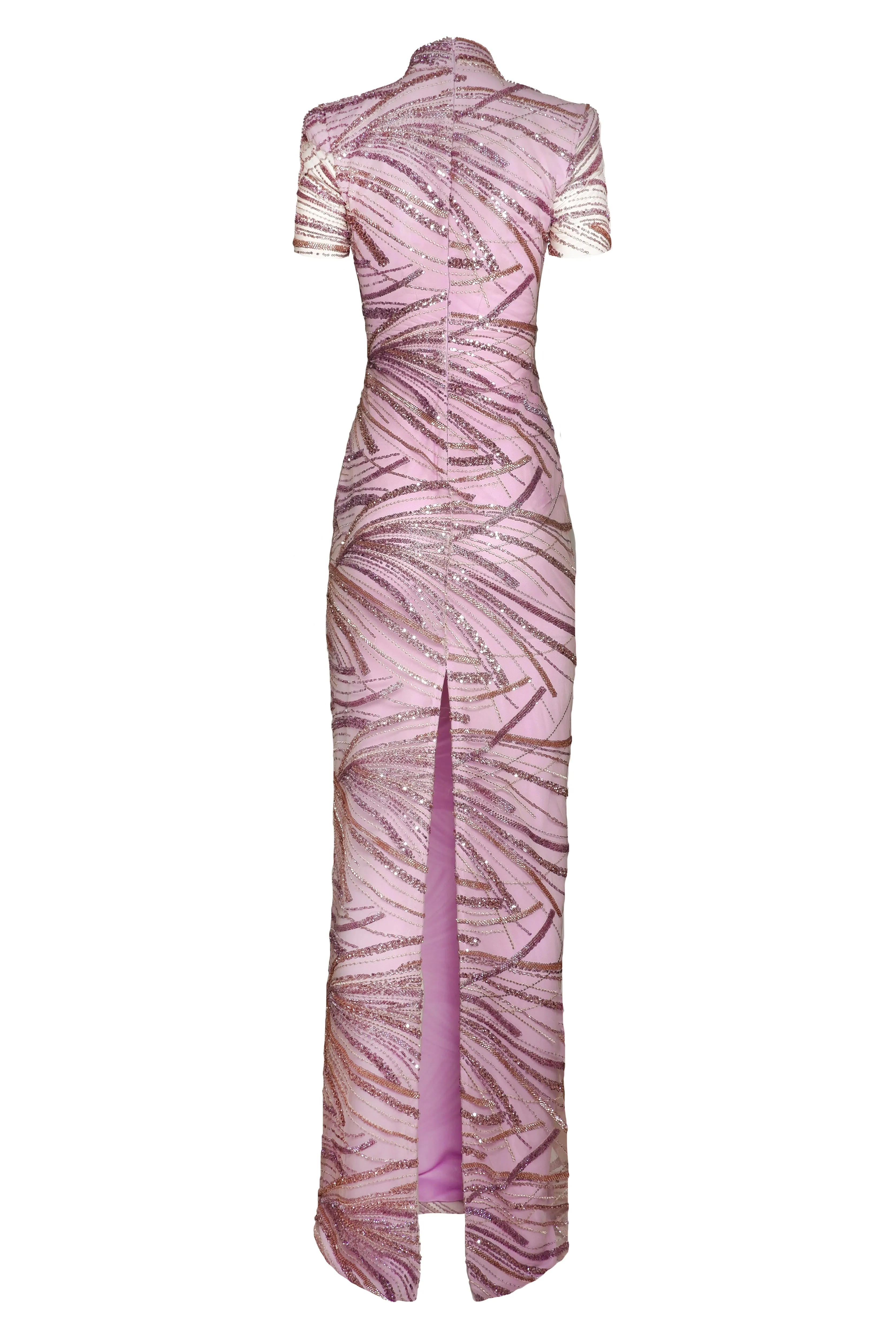 BEADED MOCK NECK CAP SLEEVE COLUMN GOWN