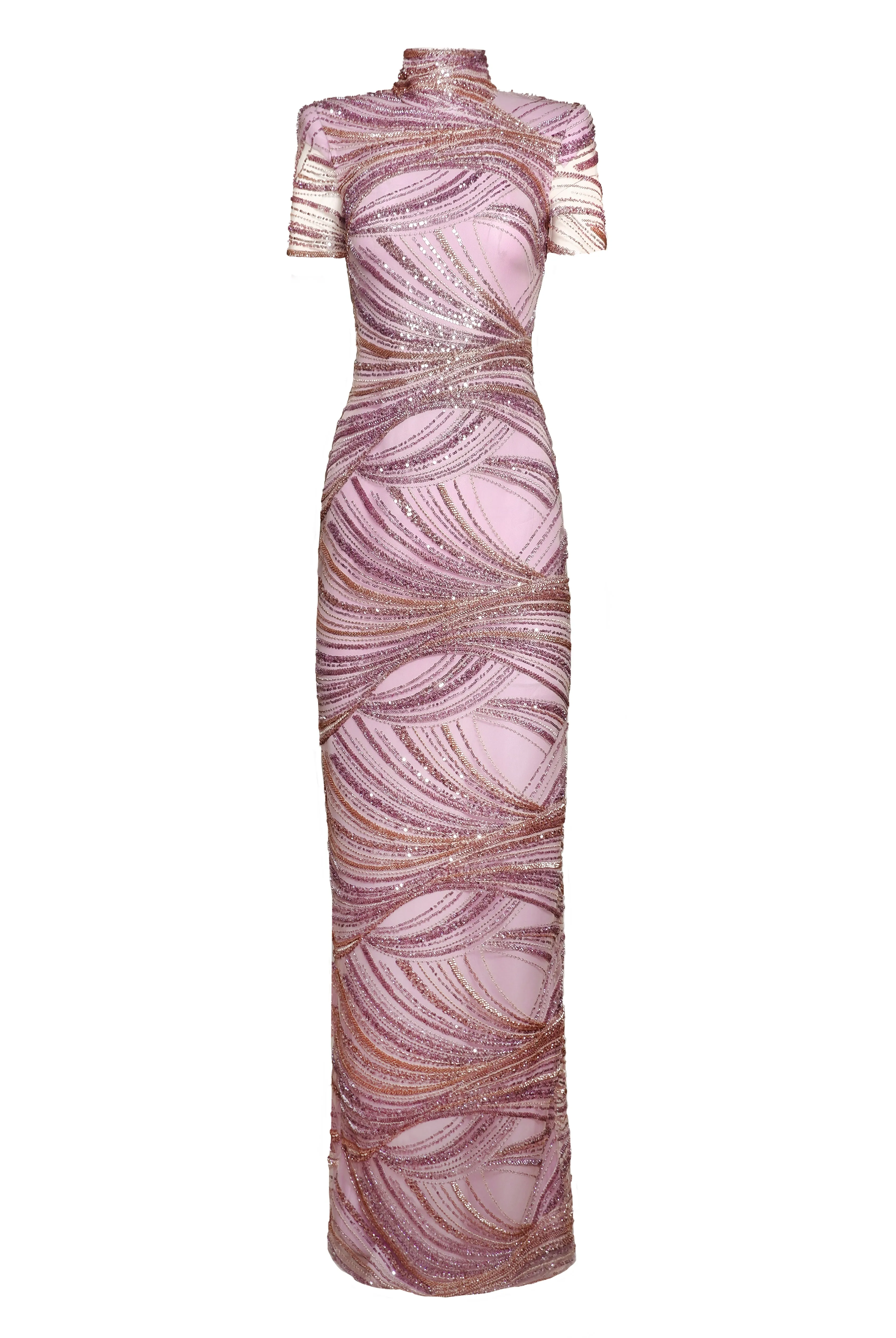 BEADED MOCK NECK CAP SLEEVE COLUMN GOWN