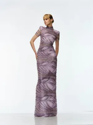 BEADED MOCK NECK CAP SLEEVE COLUMN GOWN