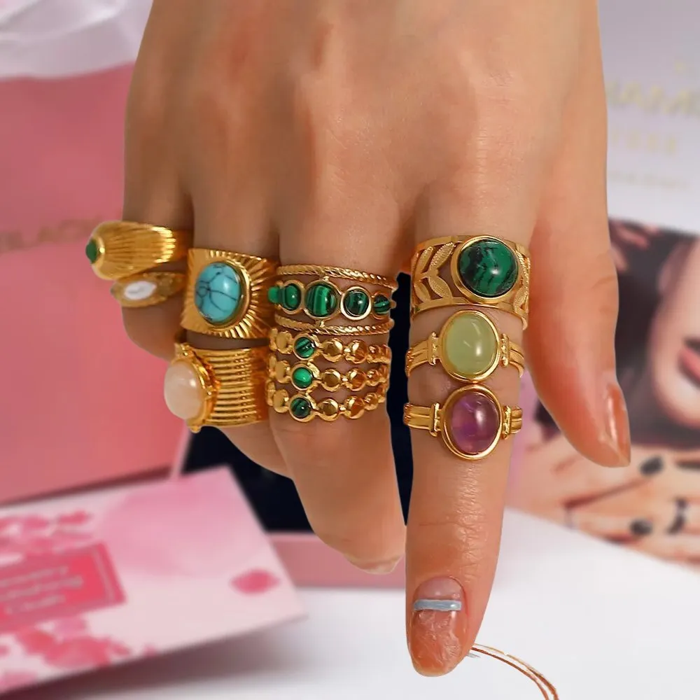 Bohemian Style Natural Stones Malachite Rings