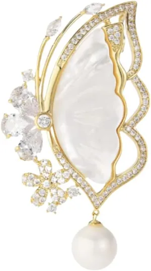 Brooches and Pins with Pearl and Crystal, Fashion Elegant Butterfly Lapel Pin Jewelry Gifts for Women, Fashionable Accessories (White Butterfly)