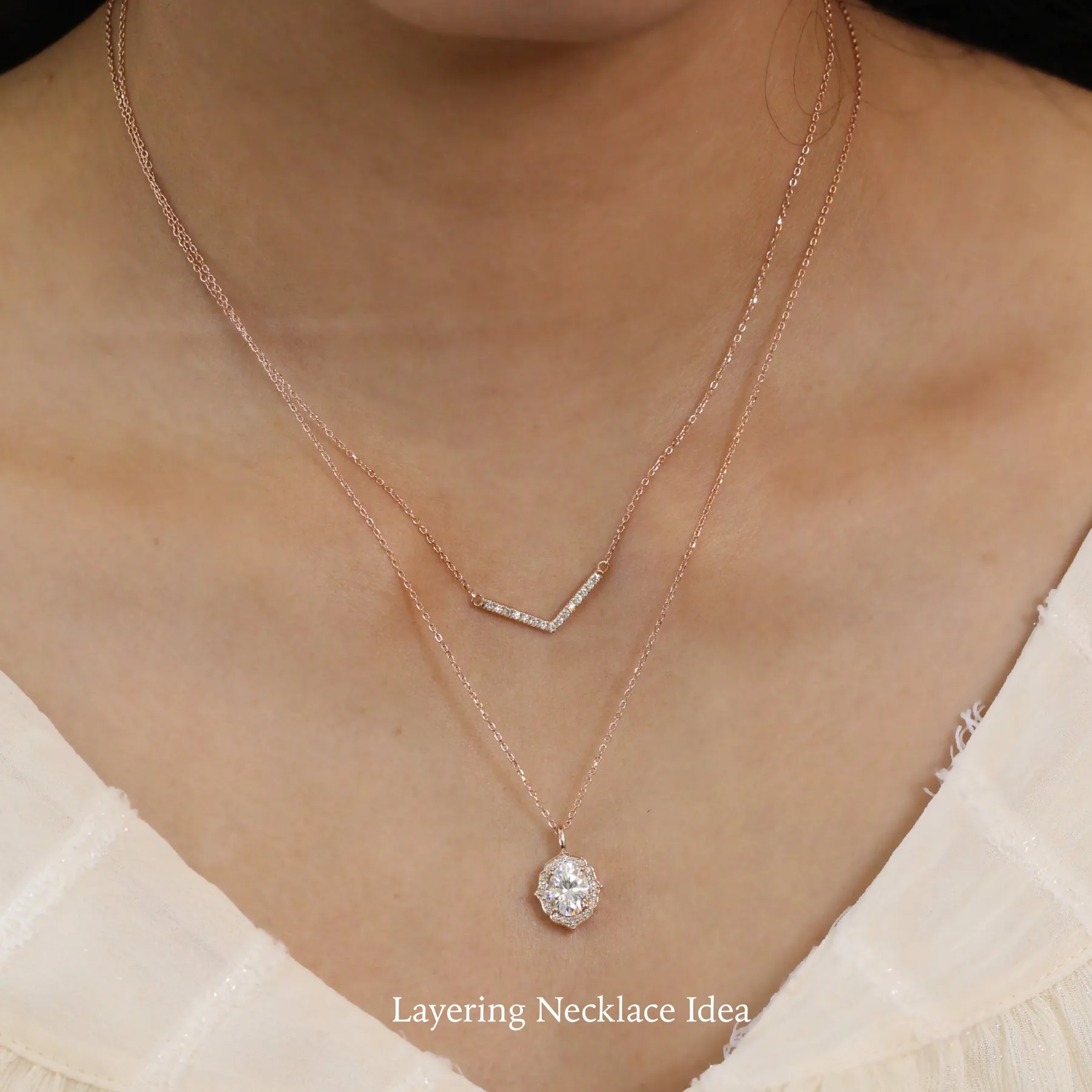 Chevron White Diamond Necklace in 14k Gold V Shaped Drop Pendant