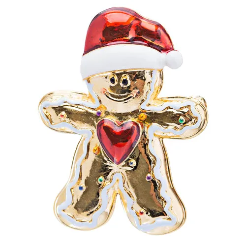Christmas Jewelry Crystal Rhinestone Cute Gingerbread Man Heart Brooch Pin Gold