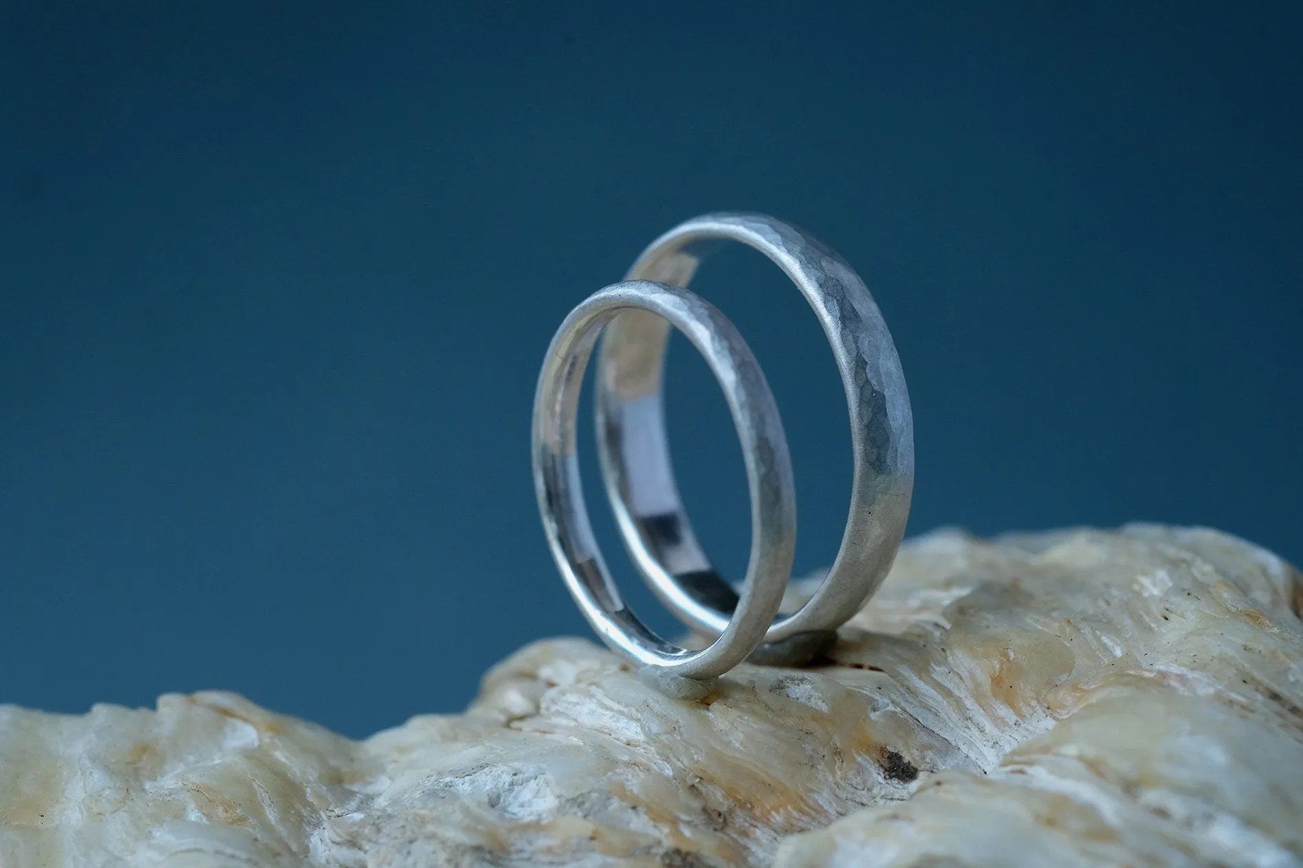 Classic Silver Hammered Wedding Rings Set Matt