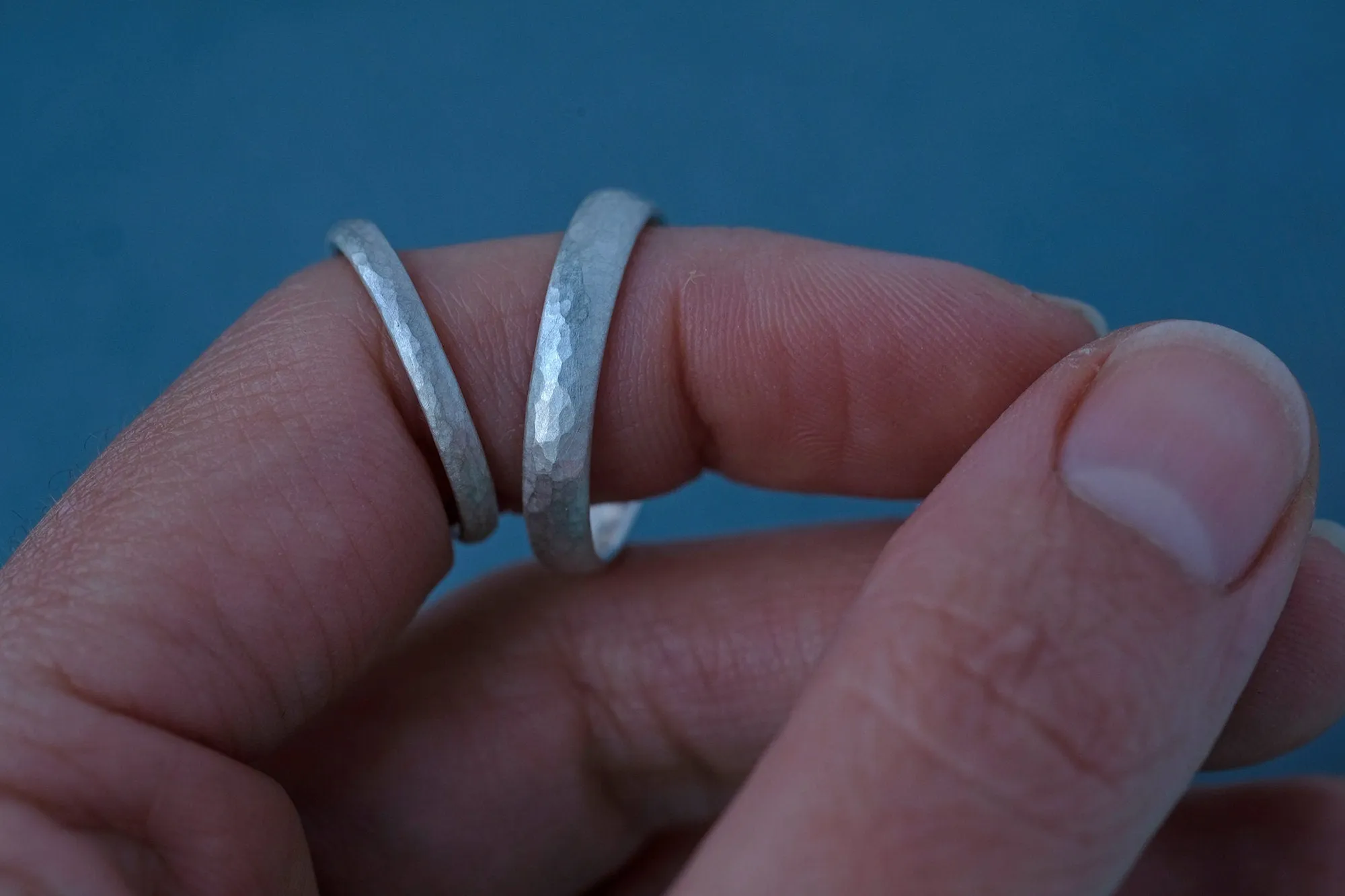 Classic Silver Hammered Wedding Rings Set Matt