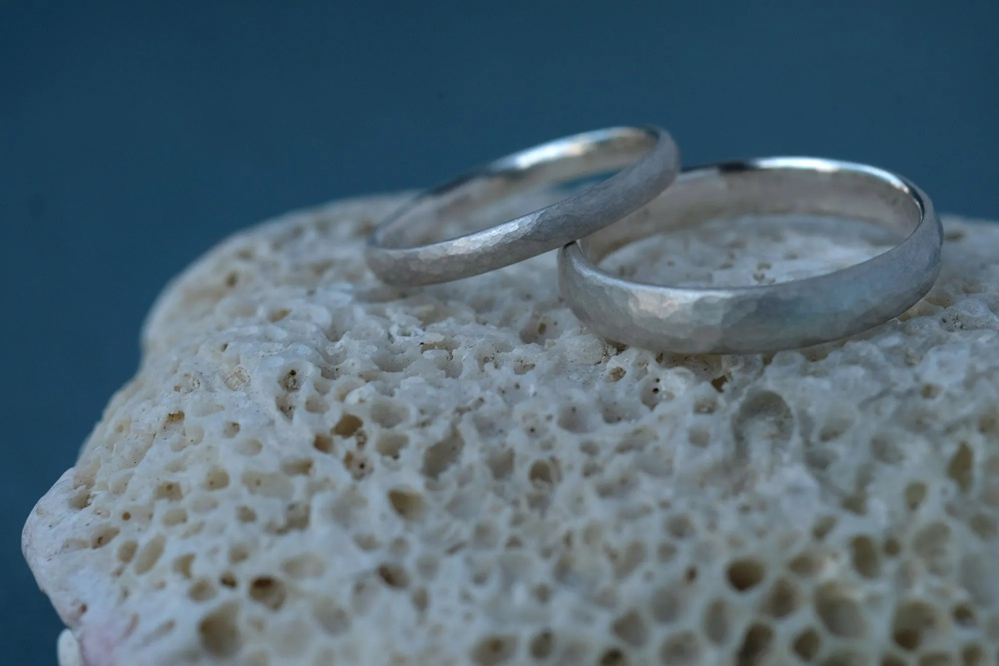 Classic Silver Hammered Wedding Rings Set Matt