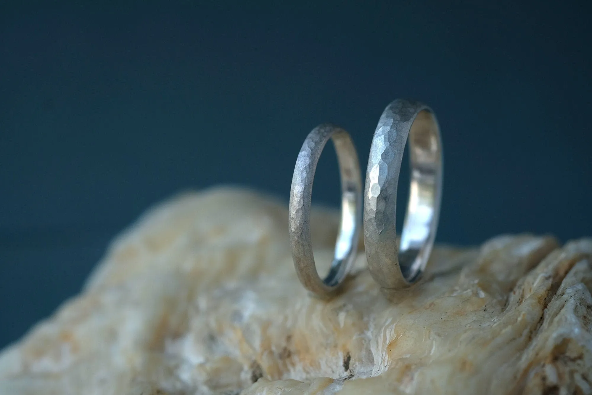 Classic Silver Hammered Wedding Rings Set Matt