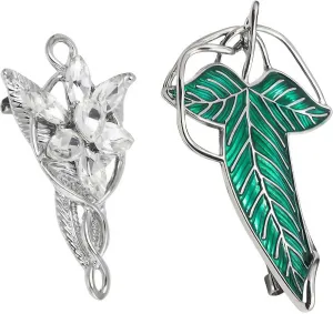 Elven Brooch Set Leaf Pin with Green Enamel, Crystal Flower Pin, Silver Tone 2-Piece