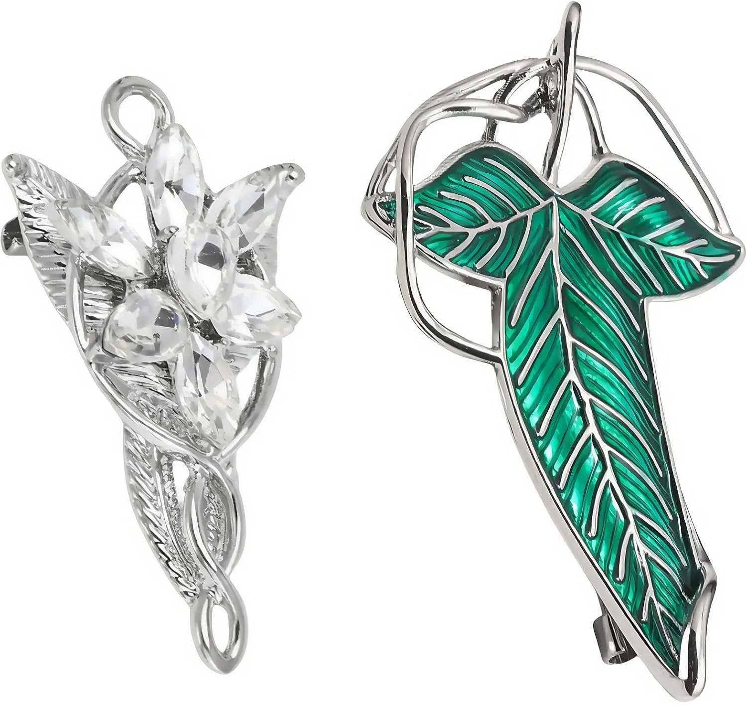Elven Brooch Set Leaf Pin with Green Enamel, Crystal Flower Pin, Silver Tone 2-Piece