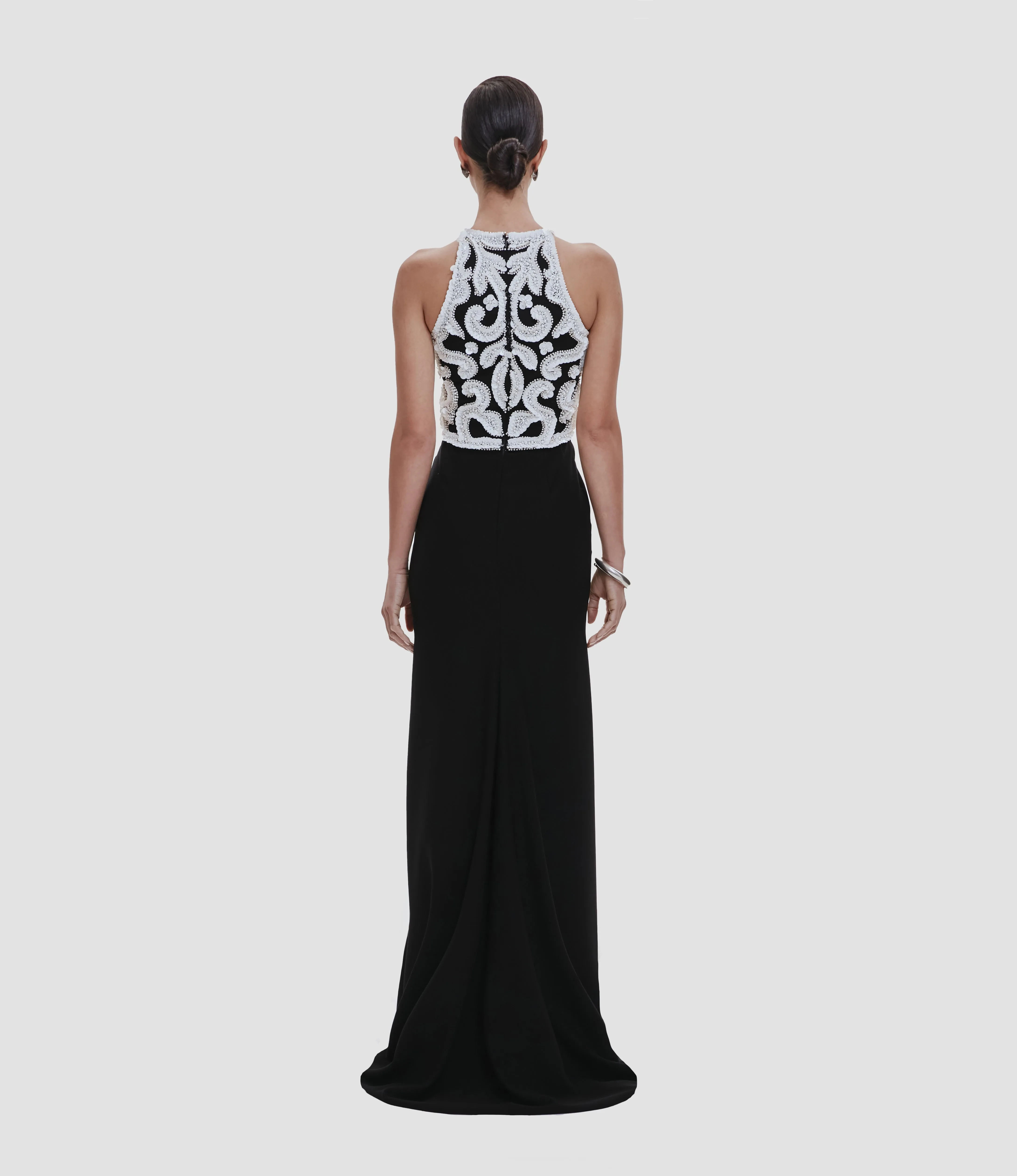 EMBELLISHED BODICE SLEEVELESS COLUMN GOWN