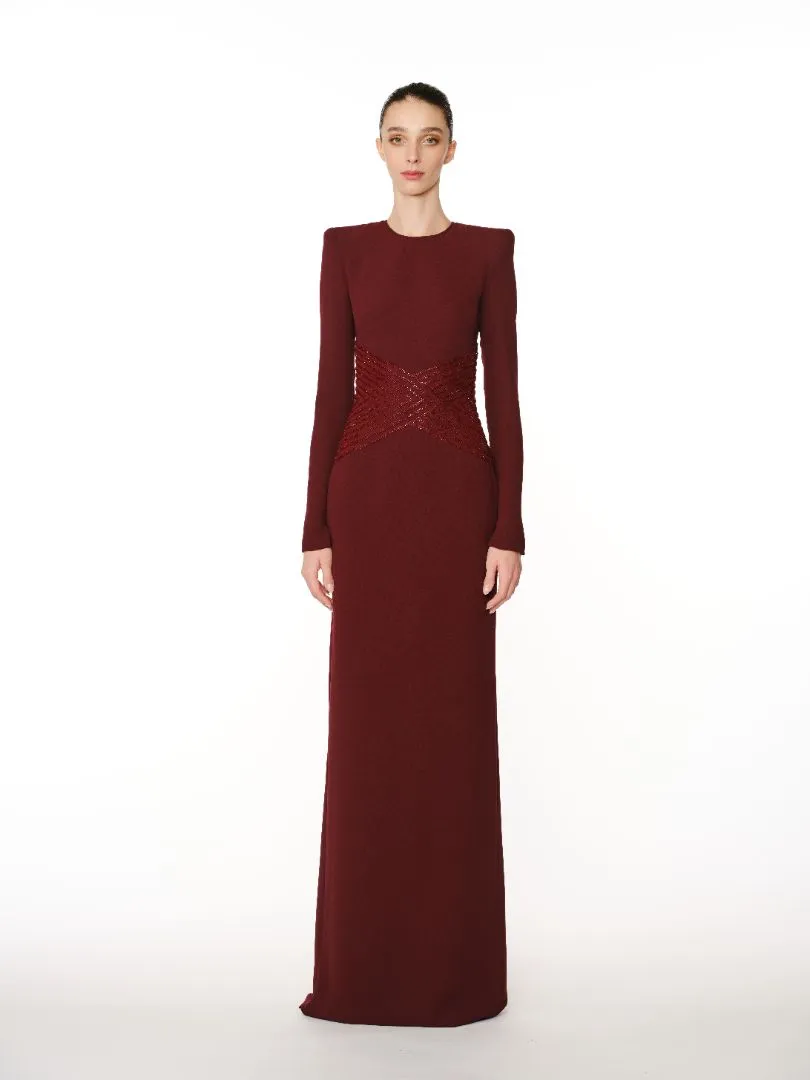 EMBELLISHED WAIST LONG SLEEVE GOWN