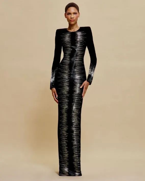 FRONT EMBELLISHED COLUMN GOWN