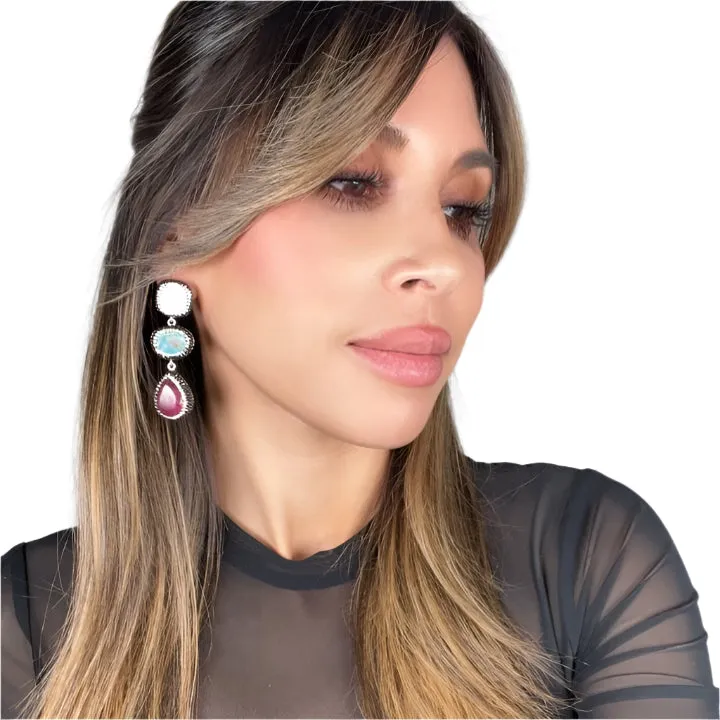 Gemstone Crystal Triple Tier 925 Sterling Silver Dangle Earring