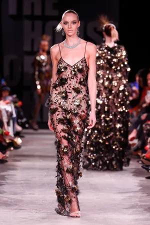 Gold and Feather Embellished Slip Gown