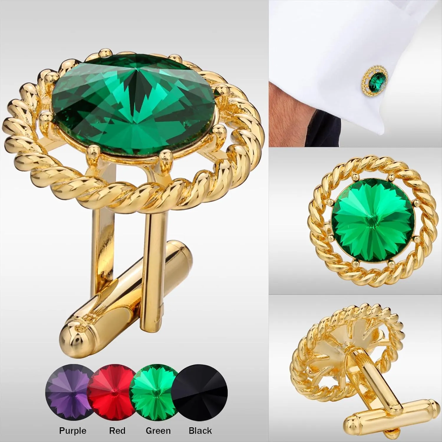 Gold Cuff Links Mens, TAIGRAMA Black Purple Green Red Crystal Cufflinks for Men as Business Wedding Birthday Gift for Groom Father Husband Boyfriend
