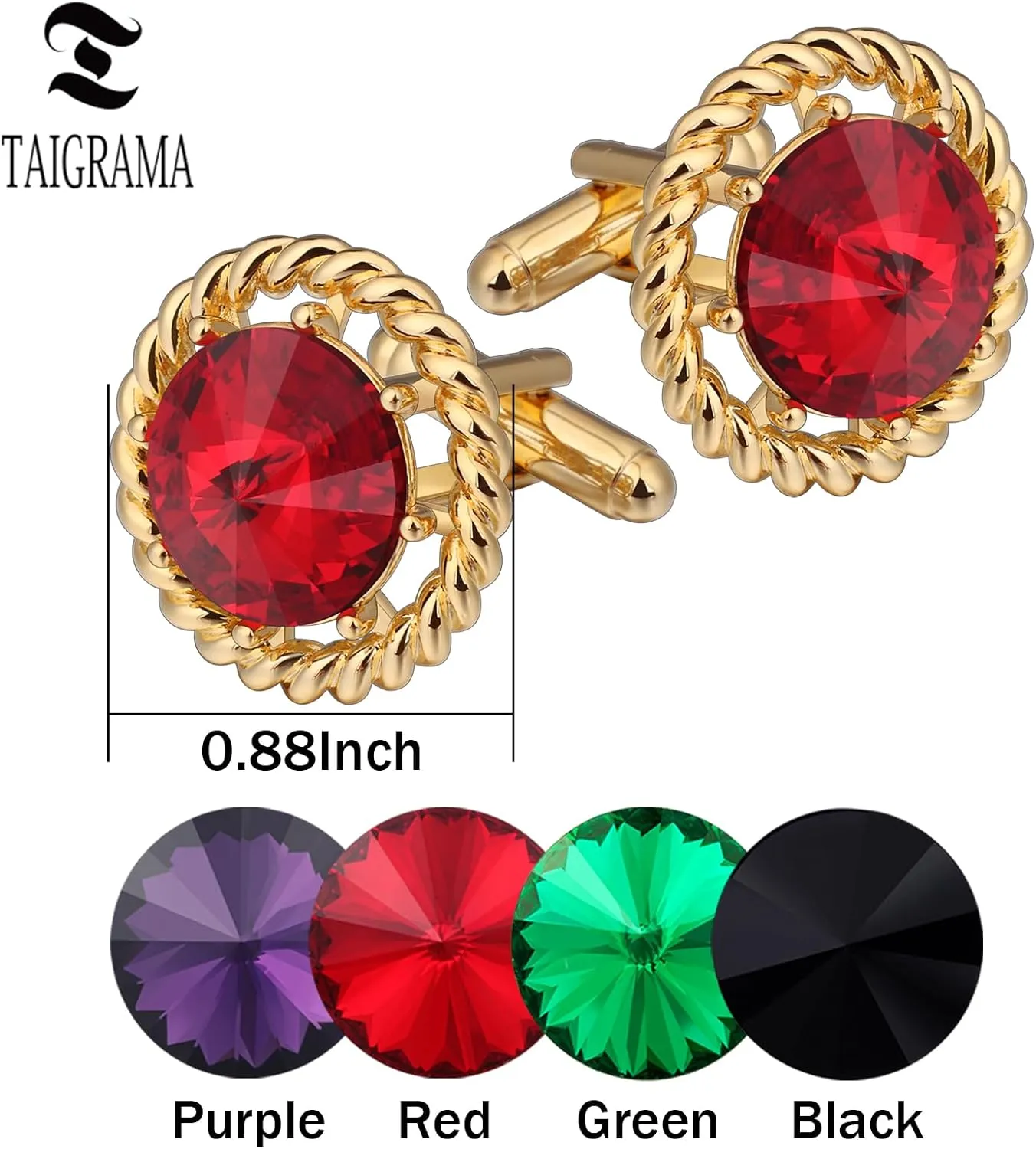 Gold Cuff Links Mens, TAIGRAMA Black Purple Green Red Crystal Cufflinks for Men as Business Wedding Birthday Gift for Groom Father Husband Boyfriend