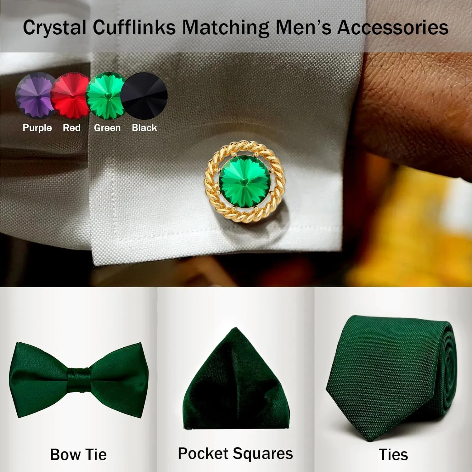 Gold Cuff Links Mens, TAIGRAMA Black Purple Green Red Crystal Cufflinks for Men as Business Wedding Birthday Gift for Groom Father Husband Boyfriend
