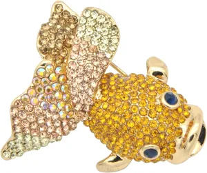 Gyn&Joy Goldfish Pin Brooch Golden Tone With Crystal Rhinestones BZ053 (Yellow)