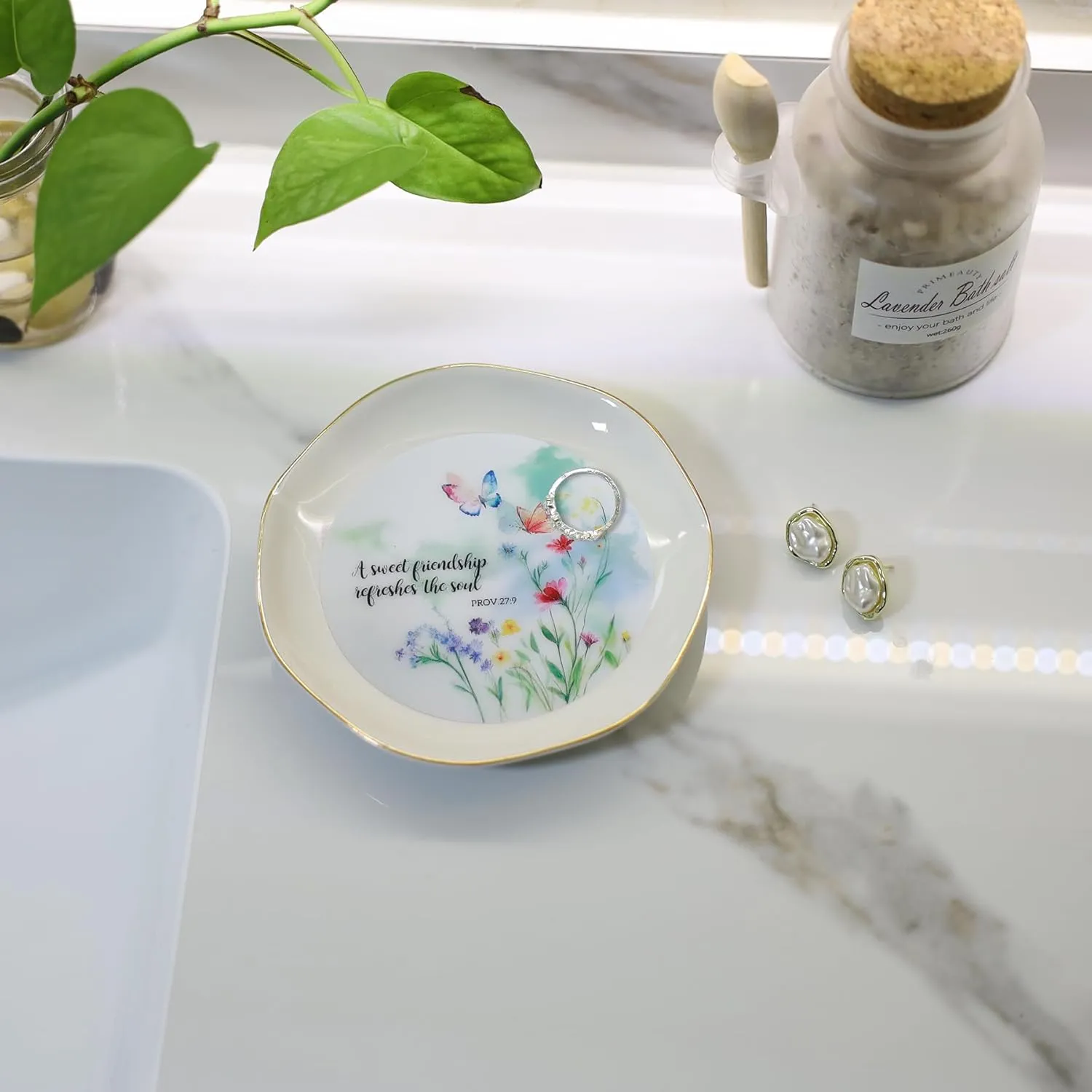 HOME SMILE Friend Chritian Gifts for Women Jewelry Ring Dish Tray with Dynamic Butterfly&Flower Pattern Shifts,A Sweet Friendship Refresh The Soul-Best Friend BFF Birthday Graduation Retirement Gifts