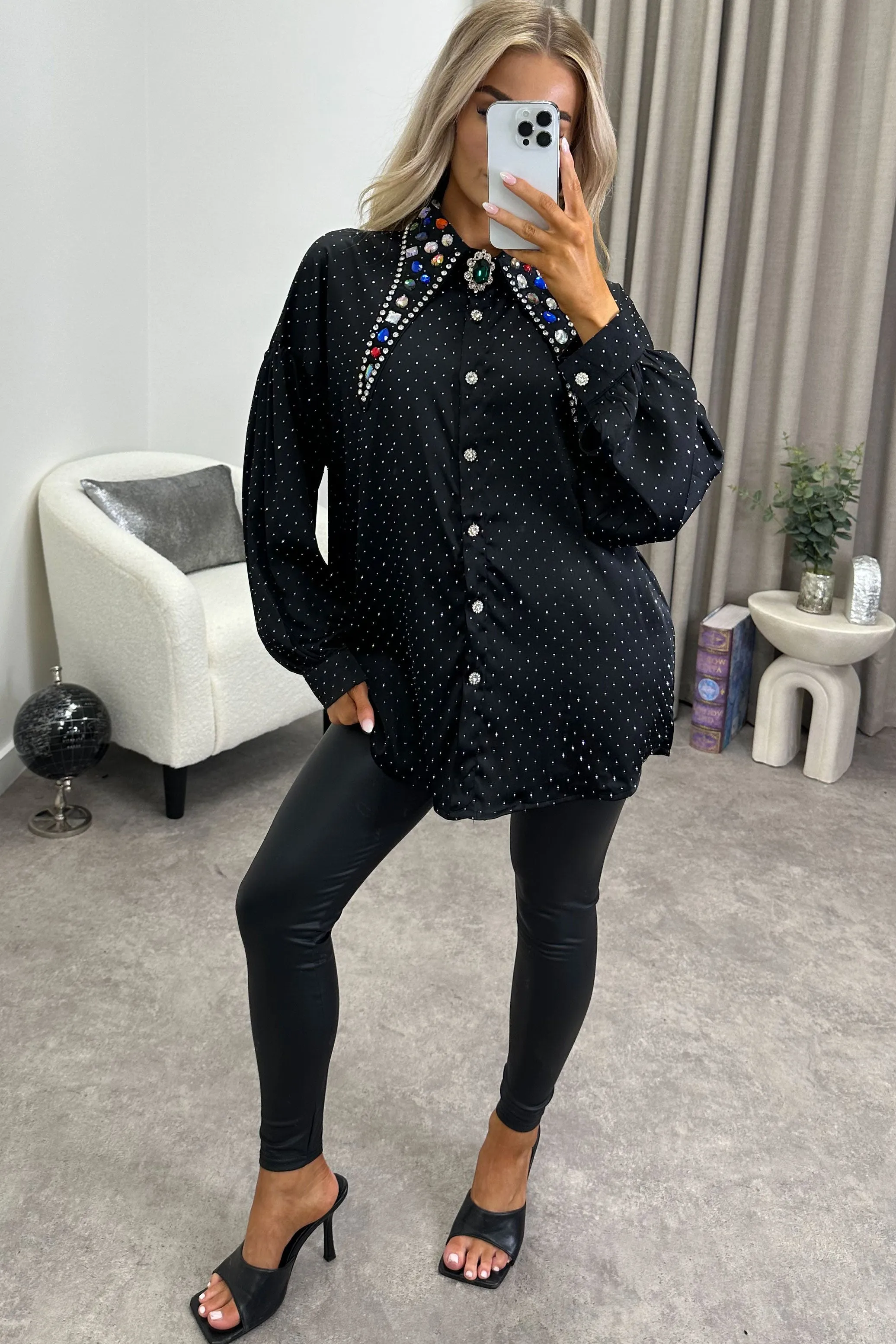 Kimmy Black Studded Embellished Collar Satin Shirt