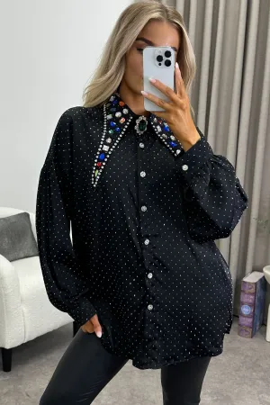 Kimmy Black Studded Embellished Collar Satin Shirt